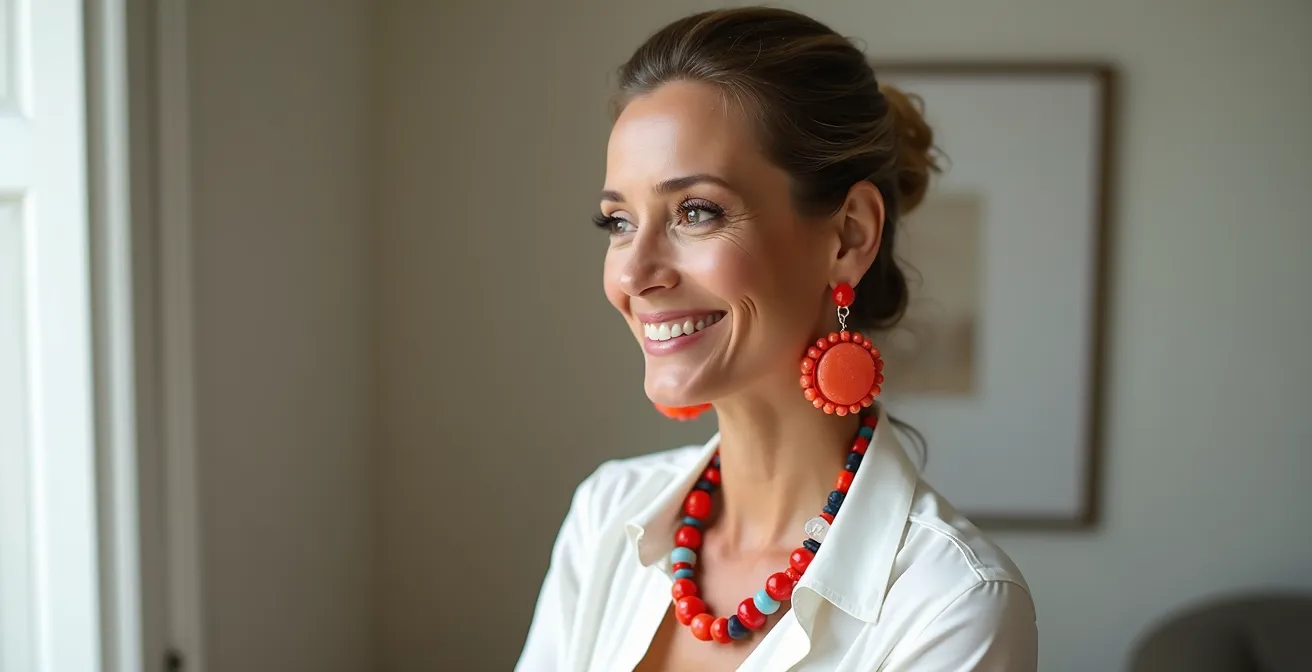 Femme élégante portant des bijoux fantaisie colorés avec une tenue minimaliste dans un décor parisien