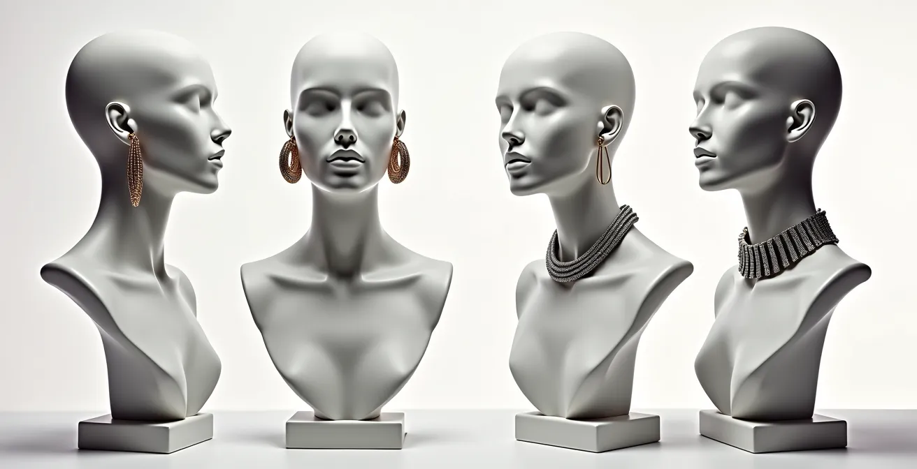 Composition de quatre portraits féminins illustrant différents bijoux XXL adaptés à chaque morphologie