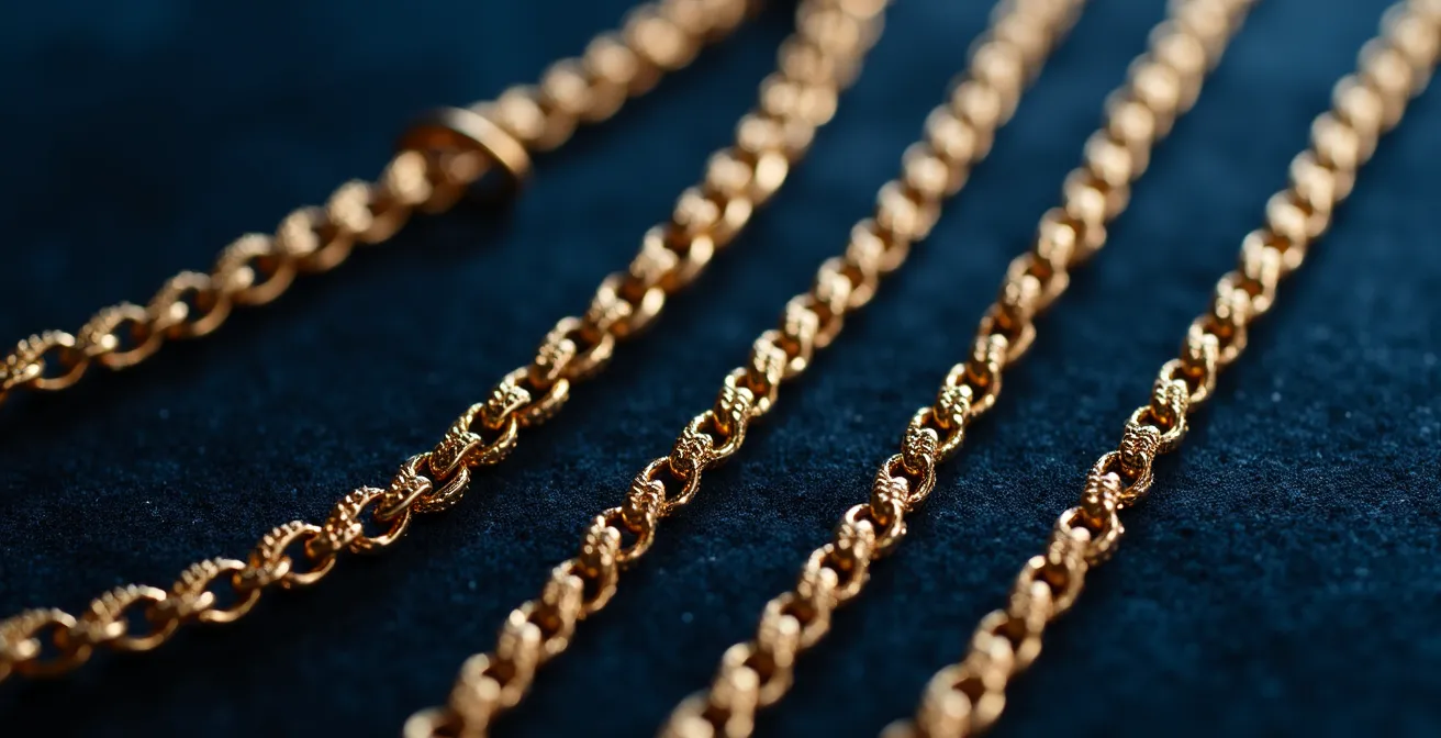 Gros plan sur différents types de chaînes pour médailles de baptême