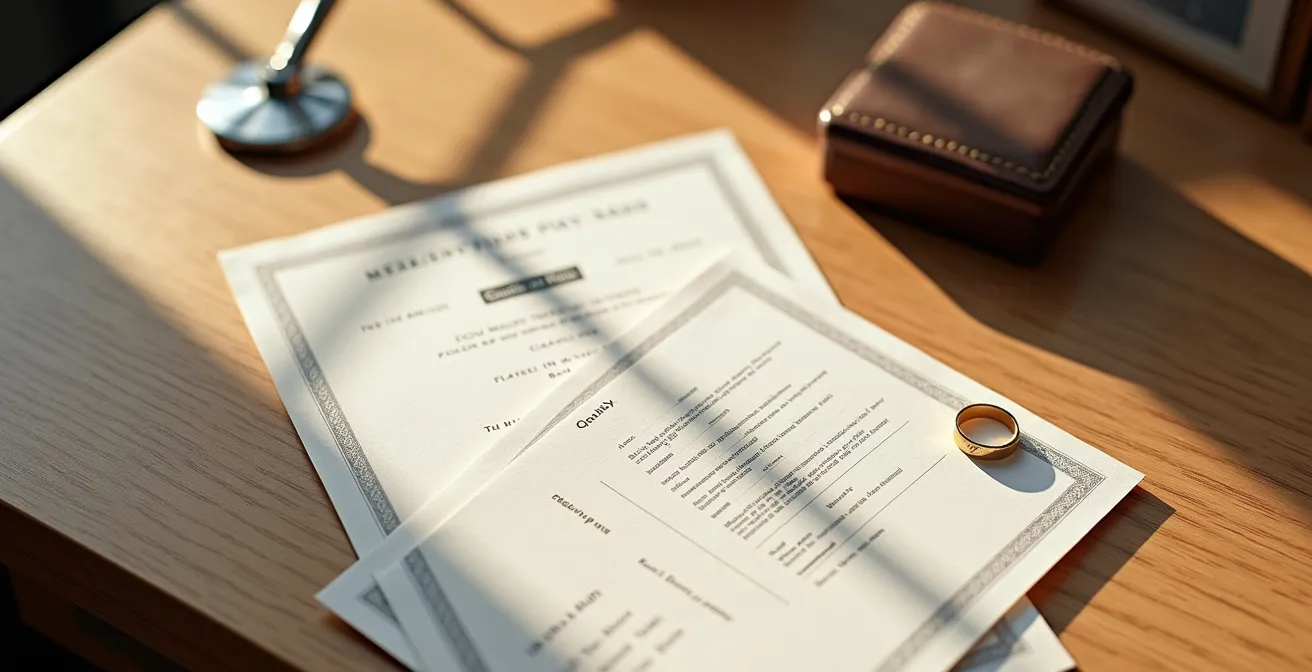 Vue aérienne d'un bureau avec documents de certification, loupe examinant des poinçons sur une alliance