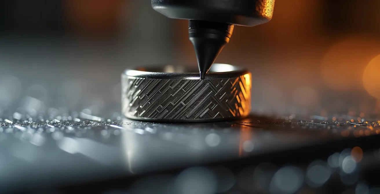 Gros plan sur une chevalière moderne avec gravure géométrique abstraite