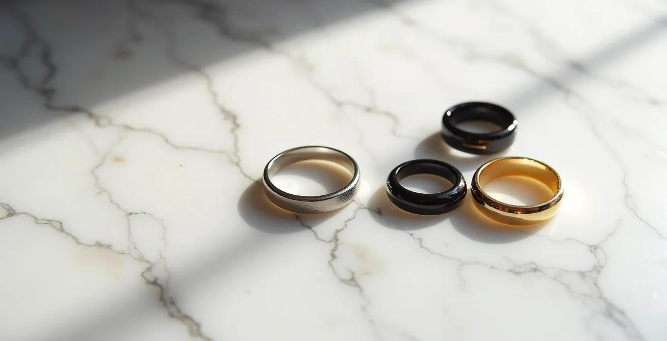 Composition artistique de chevalières masculines contemporaines sur surface minimaliste