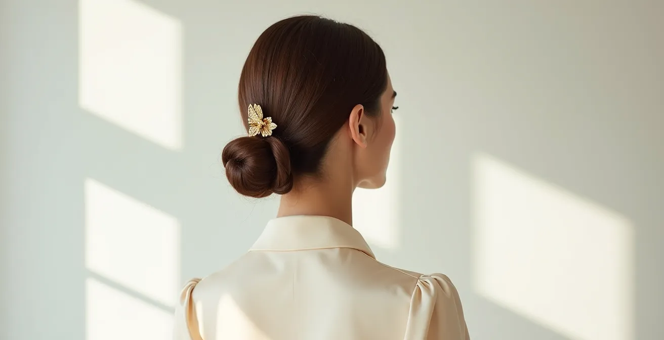 Femme de dos avec chignon bas sophistiqué maintenu par une broche vintage dorée détournée en fermoir, dans un environnement minimaliste