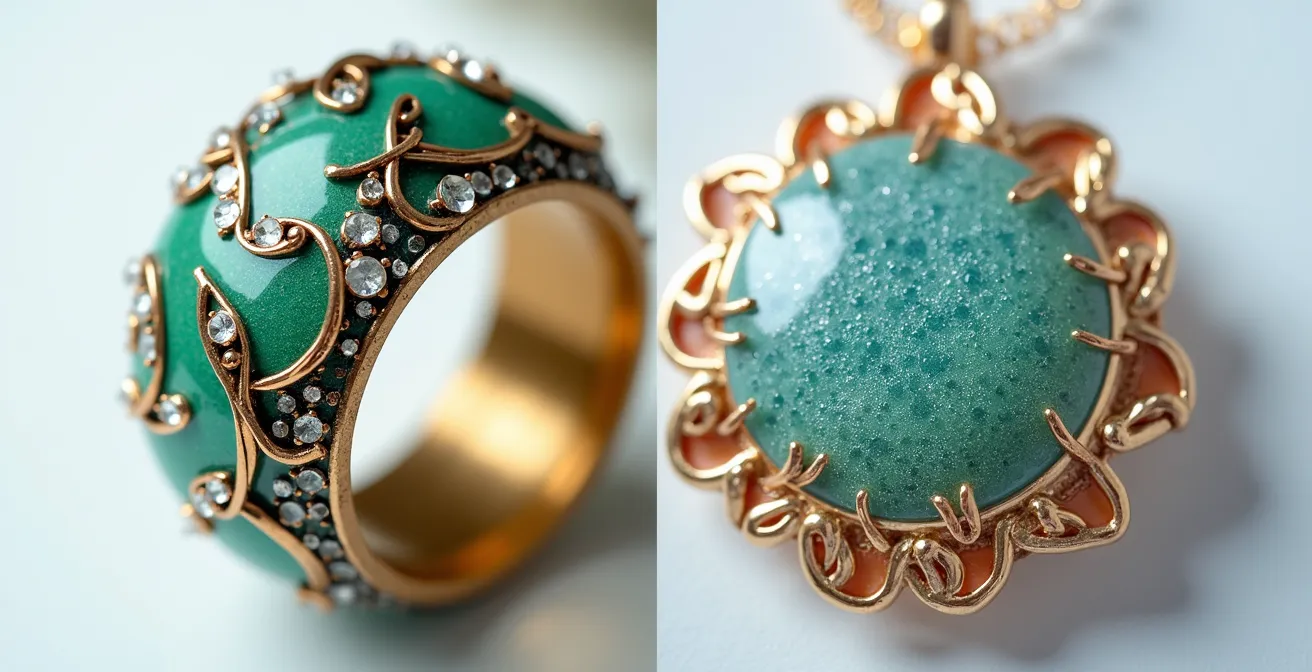 Comparaison macro entre un véritable émail cloisonné et une imitation en résine