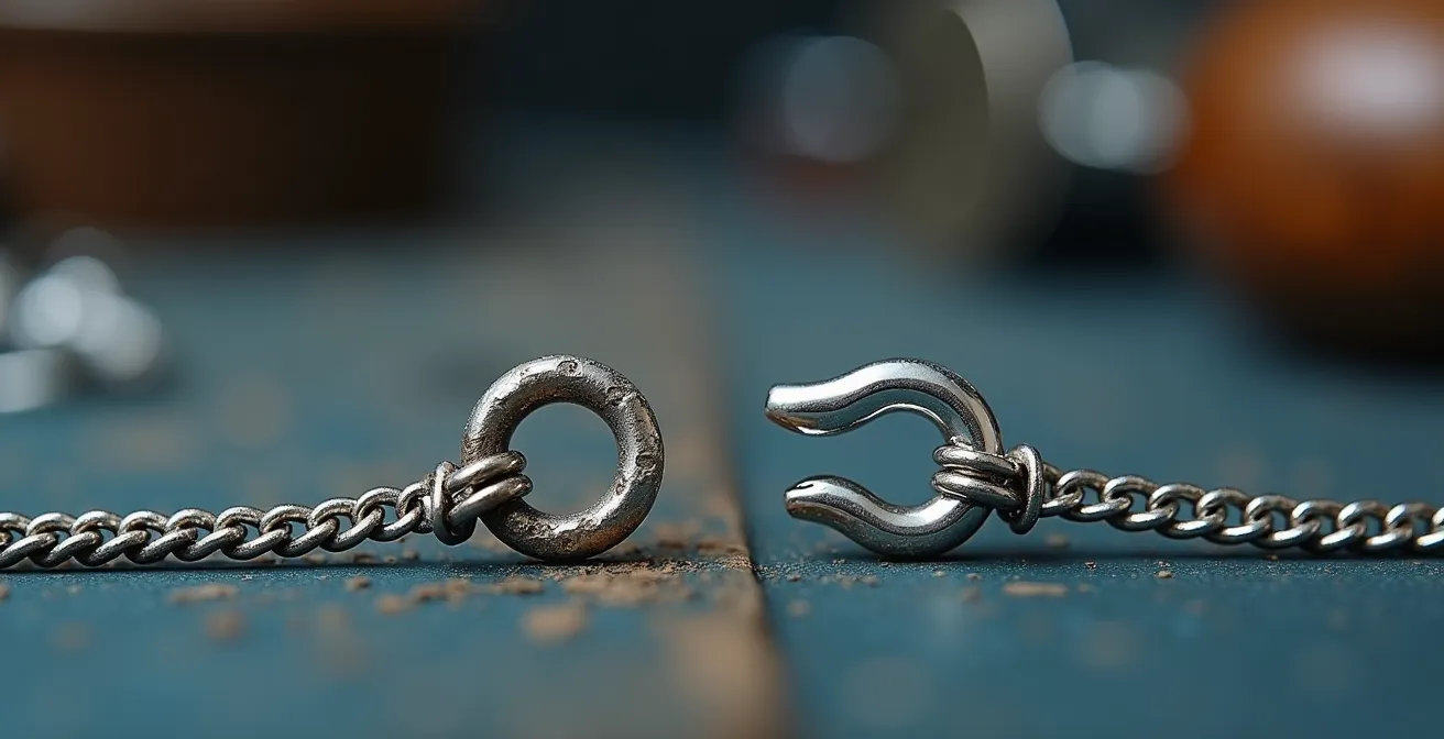 Comparaison visuelle entre un fermoir de gourmette usé et dangereux et un fermoir neuf sécurisé