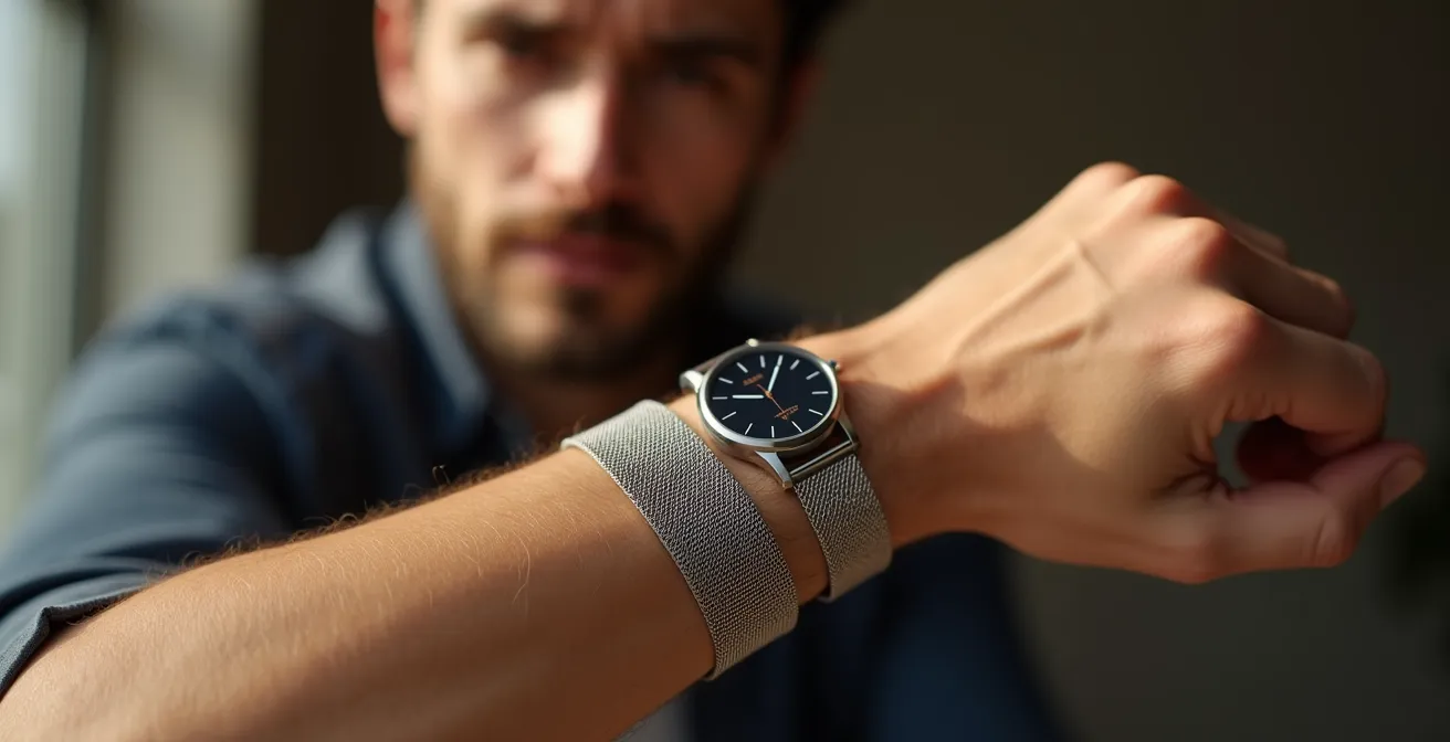 Gros plan sur un poignet portant un bracelet maille milanaise, montrant la flexibilité naturelle du métal