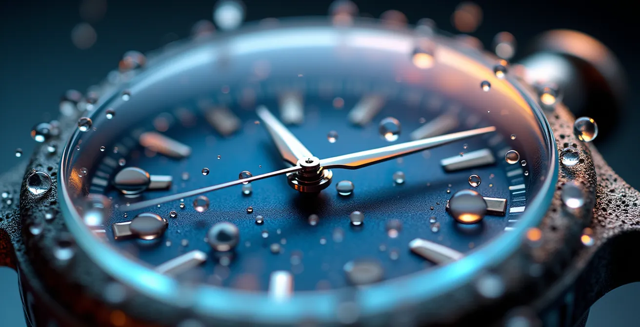 Vue macro d'un verre de montre avec reflets et gouttes d'eau illustrant l'étanchéité
