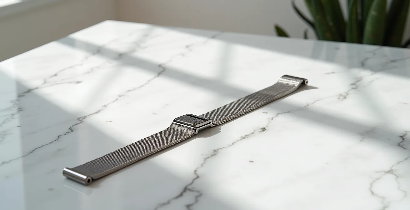 Vue minimaliste d'un fermoir de bracelet maille milanaise dans un environnement épuré