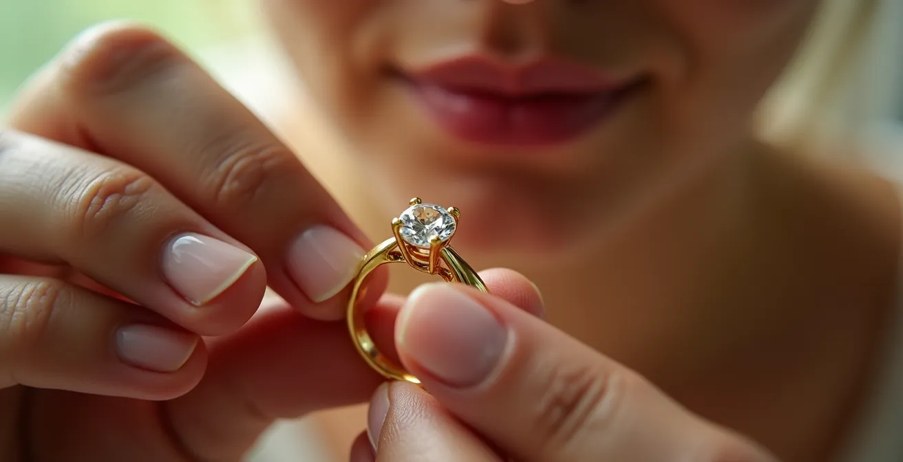Mains expertes inspectant délicatement un bijou en or avec attention