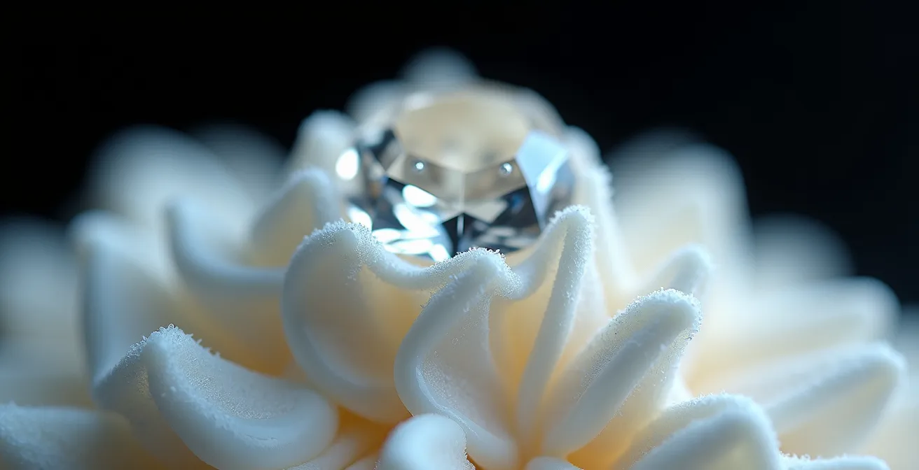 Gros plan macro d'un diamant avec résidus de crème solaire créant un voile opaque