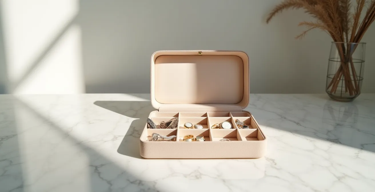 Boîte à bijoux ouverte dans un environnement épuré et hygiénique