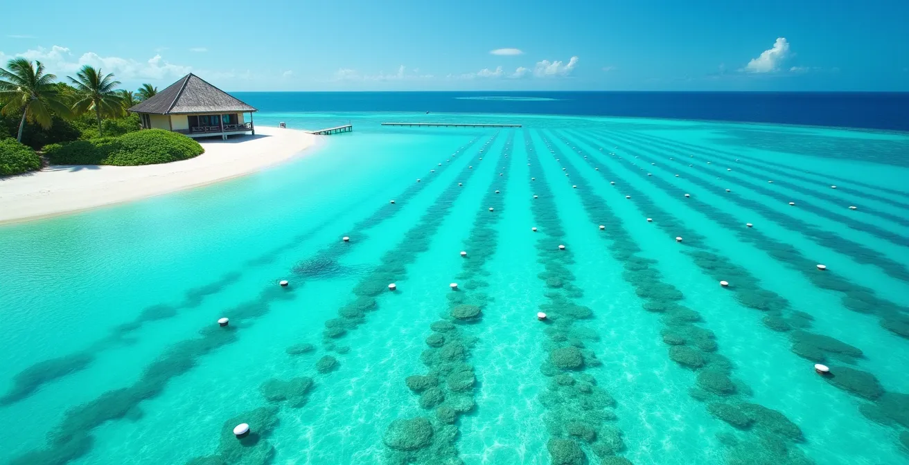 Vue aérienne d'une ferme perlière dans le lagon turquoise de Polynésie française