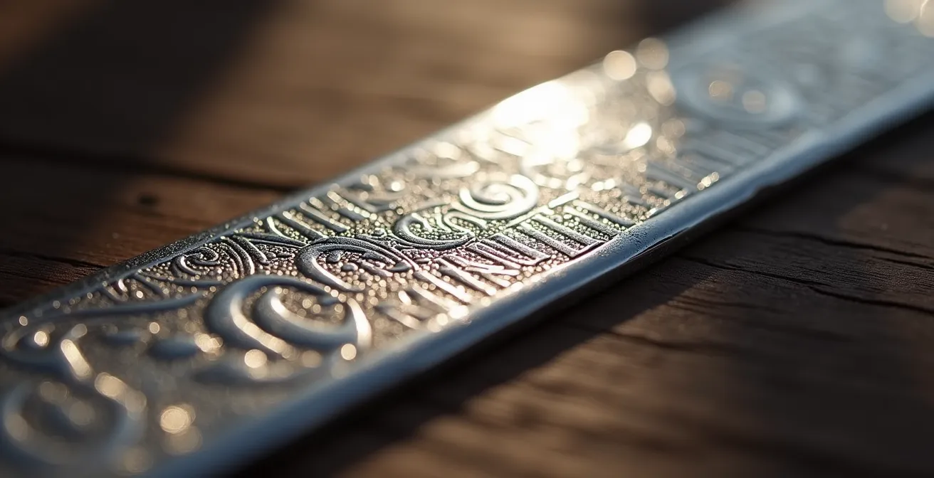 Détail macro d'une gravure élégante sur plaque de gourmette masculine avec jeu de lumière