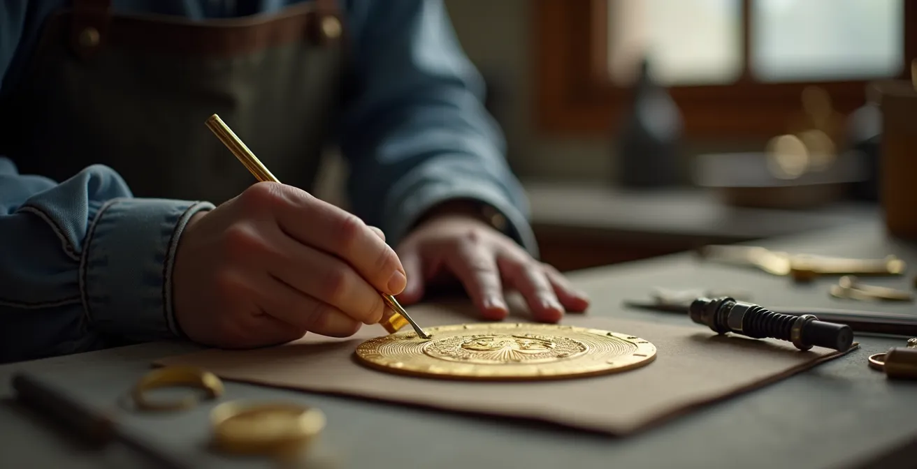 Artisan gravant délicatement un prénom sur une plaque de gourmette en or