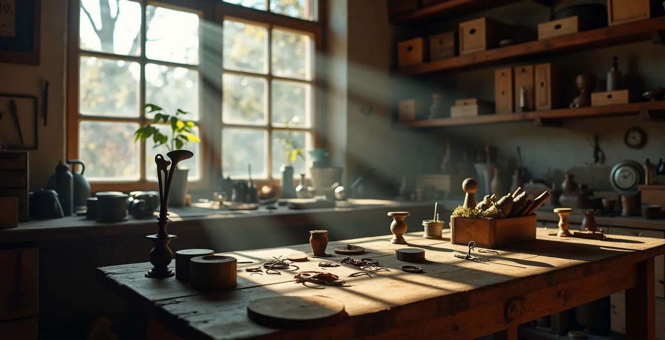 Atelier d'artisan français travaillant sur des boutons de manchette avec outils traditionnels