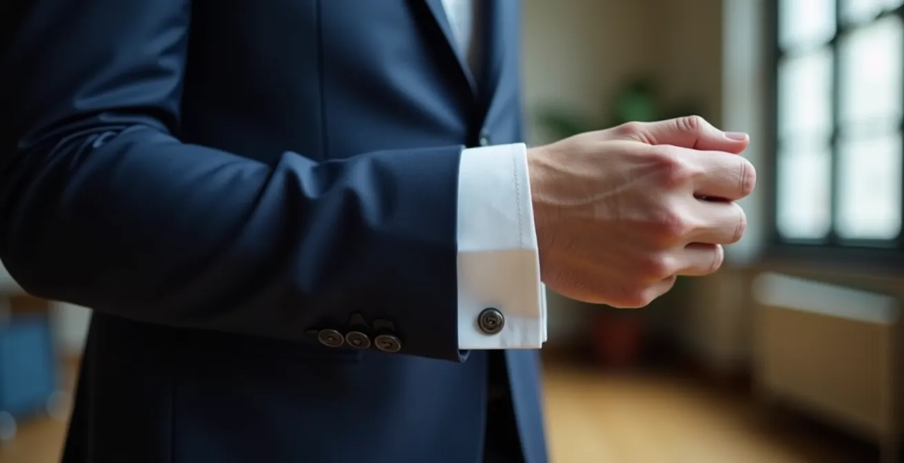 Vue de profil d'un homme en costume montrant le dépassement parfait du poignet mousquetaire sous la manche de veste