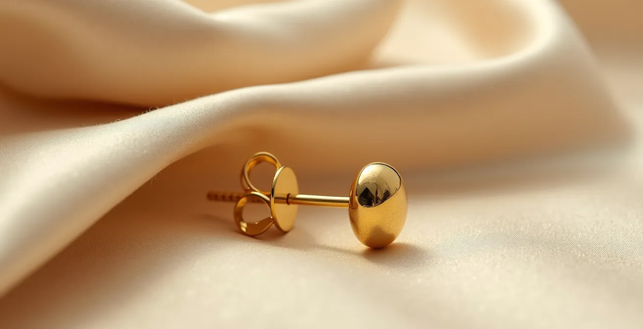 Vue macro d'un fermoir Alpa en or sur boucle d'oreille, montrant sa surface lisse et son mécanisme sans aspérité
