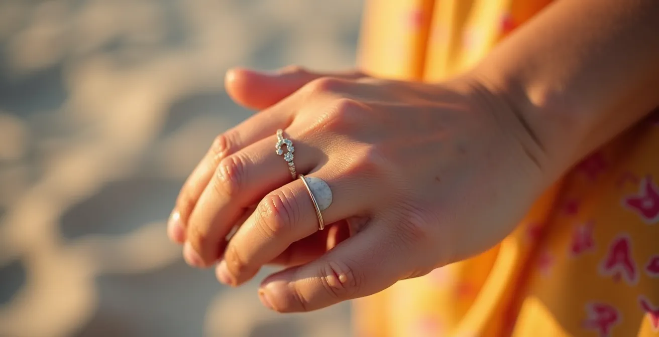 Main bronzée montrant une marque claire à l'emplacement d'une alliance sur fond de sable