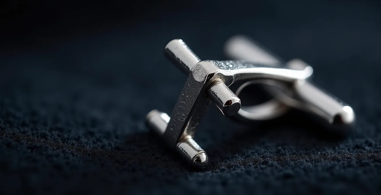 Mécanisme T-bar de bouton de manchette en gros plan montrant le système de fermeture