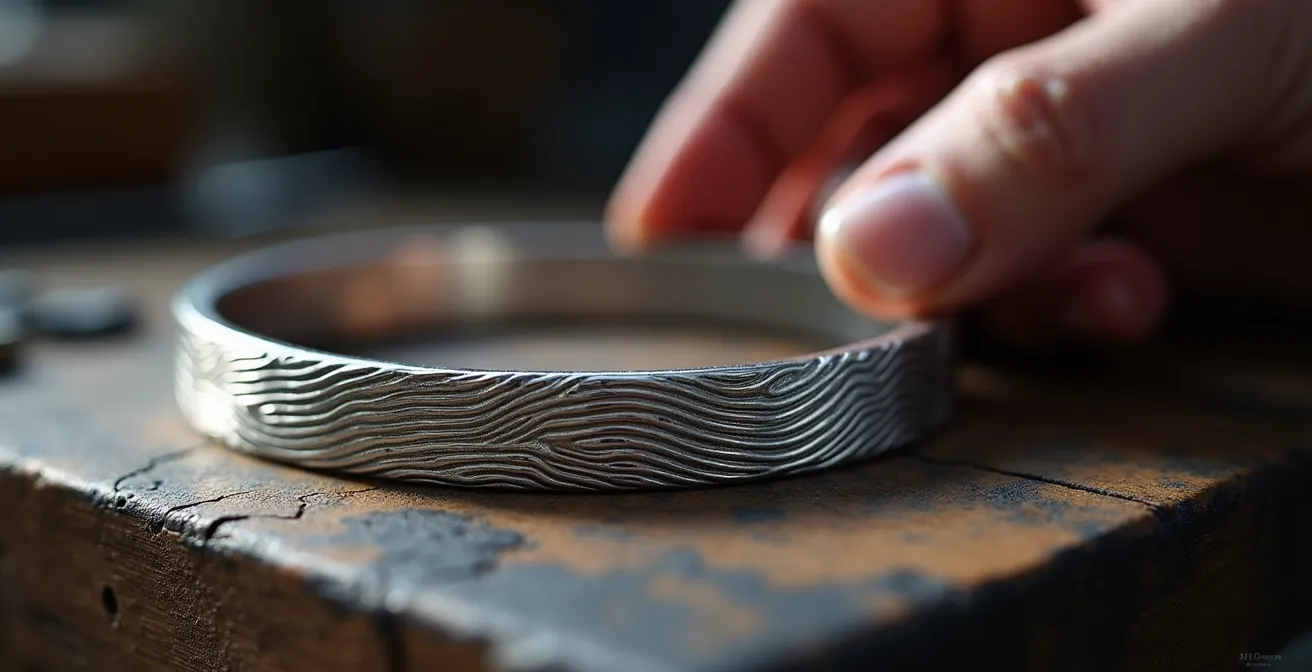 Gravure d'onde sonore unique représentant une date de naissance sur un bijou en métal précieux