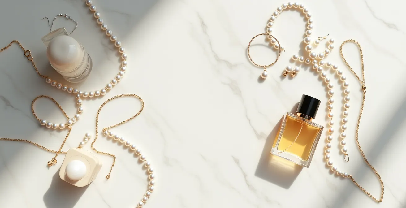 Vue aérienne minimaliste de flacons de parfum et bijoux sur marbre parisien