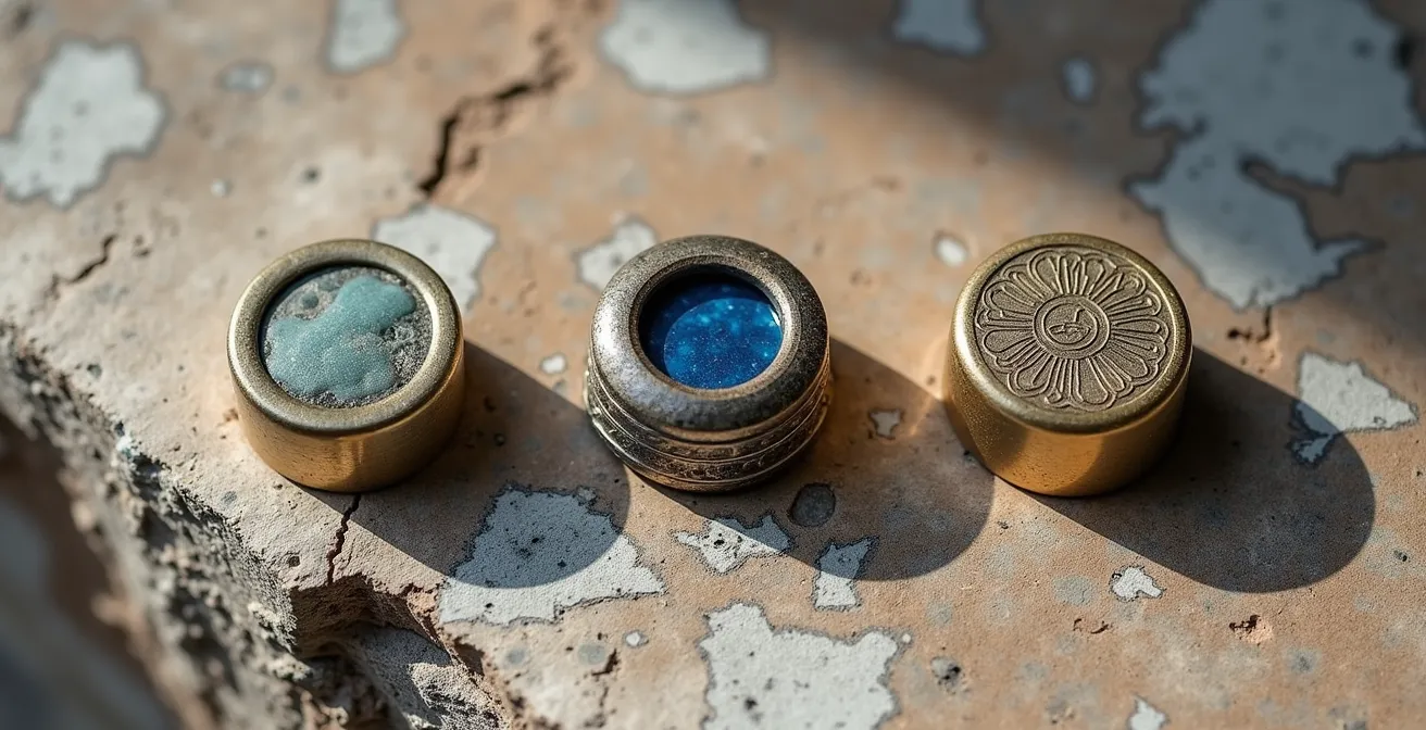 Trois styles de plateaux de chevalières disposés sur surface naturelle