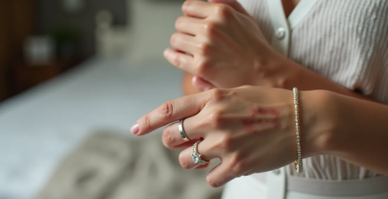 Vue rapprochée d'une réaction cutanée autour d'un bijou sur peau sensible