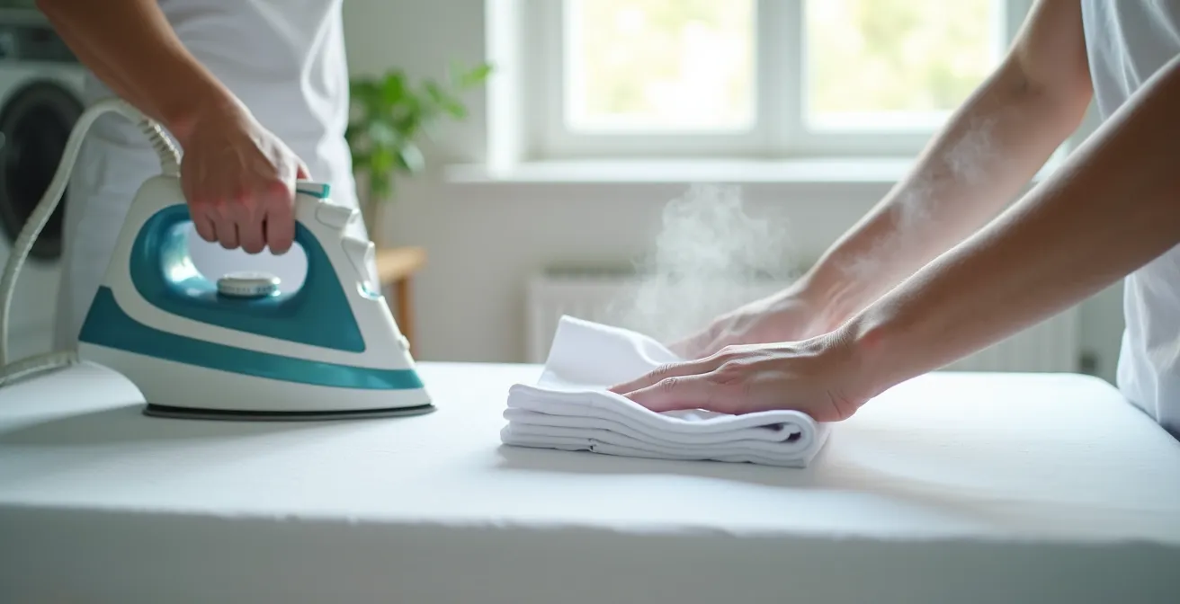 Mains repassant un poignet mousquetaire blanc sur une planche à repasser avec fer à vapeur professionnel
