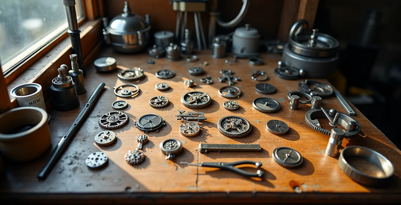 Atelier d'horloger avec outils et composants de montre automatique