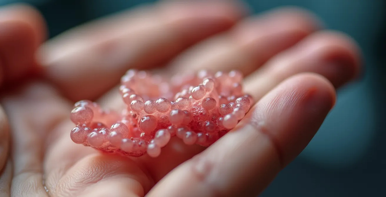 Gros plan macro sur une main montrant des signes subtils d'irritation cutanée sous une bague, éclairage médical doux révélant les détails de la peau