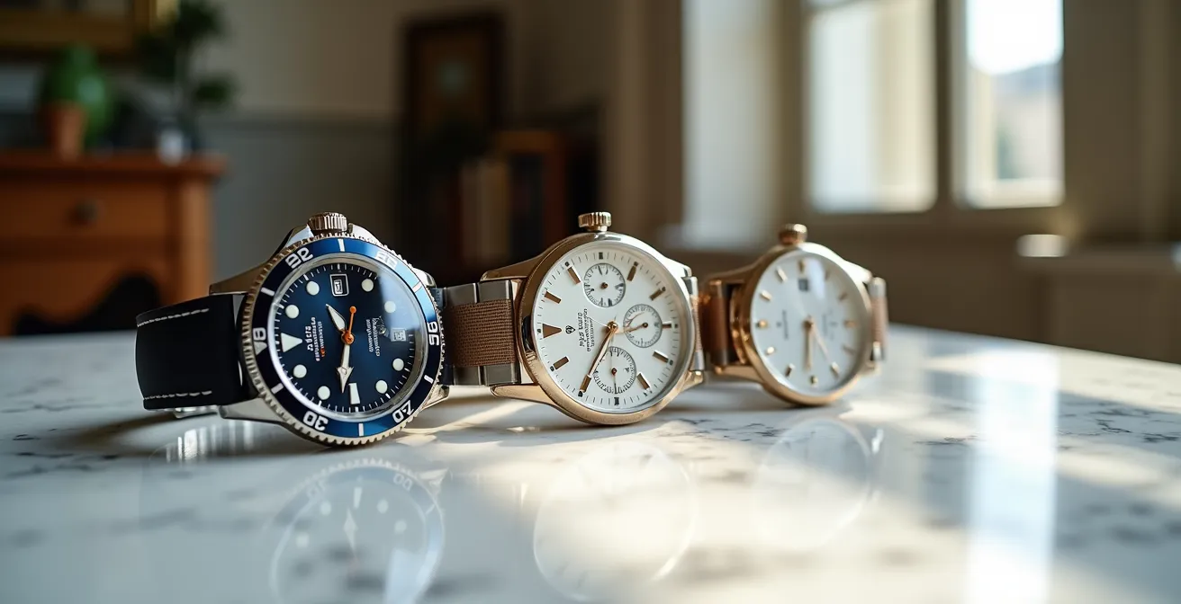 Trois montres différentes posées sur une surface en marbre avec éclairage naturel