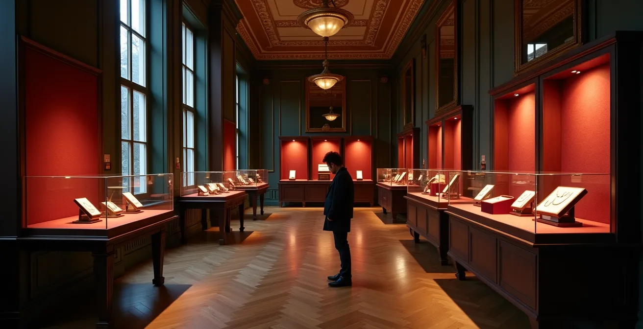 Ambiance feutrée d'une salle de ventes aux enchères parisienne avec bijoux exposés sous vitrine