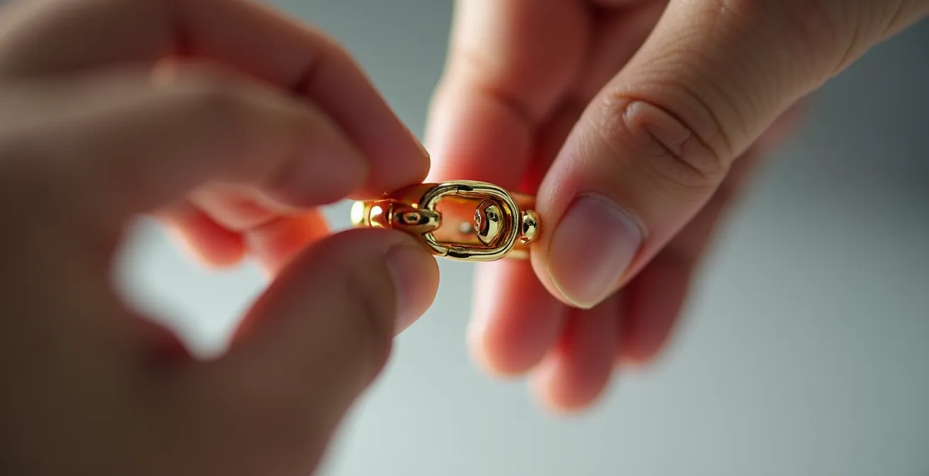 Examen minutieux d'un fermoir de gourmette pour enfant avec loupe