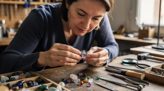 Créatrice bijoux examinant pierres fines colorées sur établi atelier